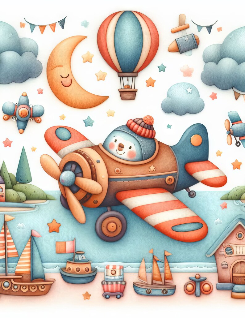 May include: A whimsical illustration of a cartoon airplane with a penguin pilot, a hot air balloon, a crescent moon, and stars. The airplane has red and white stripes and a brown propeller. The scene is set against a blue sky with clouds and a beach with boats.