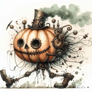 May include: A whimsical watercolor illustration of a steampunk pumpkin character. The pumpkin has a carved face, mechanical legs, and a top hat. Gears and pipes adorn the pumpkin, with smoke billowing from the top. The color palette includes orange, brown, and gray.