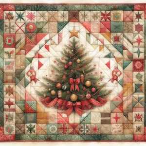 Ensemble de 10 images clipart de courtepointe d'arbre de Noël haute résolution aquarelles JPG pour la journalisation indésirable, scrapbooking, travaux manuels, téléchargement numérique, fabrication de cartes