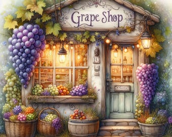 Grape Shop: 10 High Res Watercolor JPGs, Junk Journaling, Scrapbooking, Card Making, Digital Art, Fantasy, Whimsical