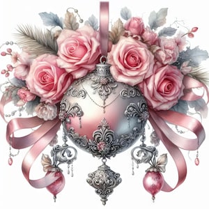 Enfeites rosa requintados 10 JPGs aquarela de alta resolução Junk Journaling, Scrapbooking, Criação de cartões, Kit de download digital, Natal