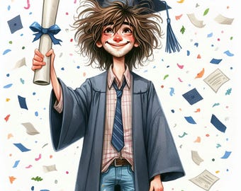 May include: A cartoon illustration of a person wearing a blue graduation gown and cap, holding a rolled-up diploma. Confetti falls around them.