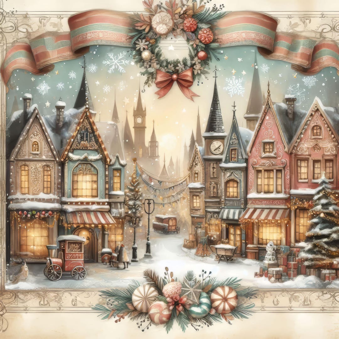 Christmas Town 10 High Res Watercolor Jpgs for Junk Journaling