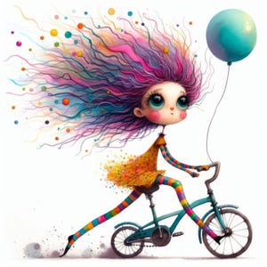 May include: A colorful illustration of a girl with long, flowing hair riding a bicycle with a blue balloon tied to the handlebars.