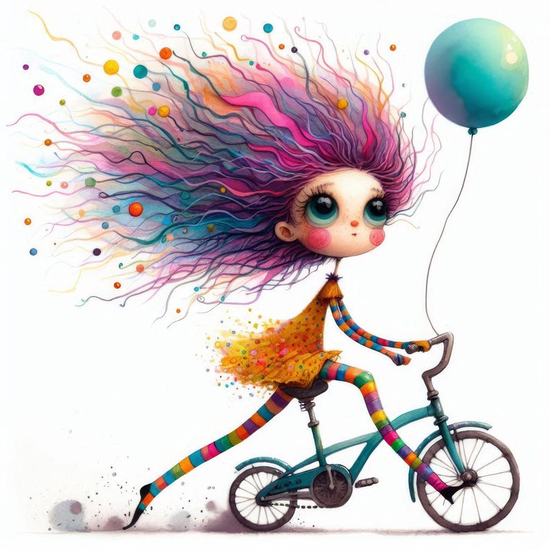 May include: A colorful illustration of a girl with long, flowing hair riding a bicycle with a blue balloon tied to the handlebars.