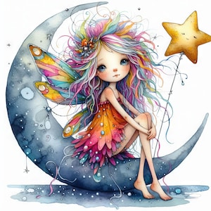 Eigenzinnige maanfee illustraties 10 high-res aquarel jpg's ongewenste journaling, scrapbooking, kaarten maken, digitale downloadkit, fantasie, grillig