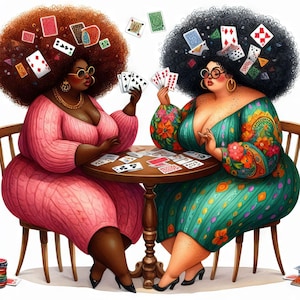 Quirky Curvy Black Ladies Playing Cards 10 JPG ad alta risoluzione in acquerello Junk Journaling, creazione di biglietti, kit di download digitale, fantasy, stravagante