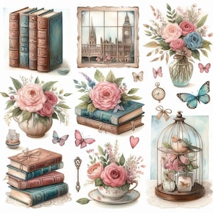 90+ kieskeurig gesneden boeken en bloemen hoge resolutie aquarel jpg's voor junk journaling scrapbooking kaarten maken digitale downloadkit fantasie grillig