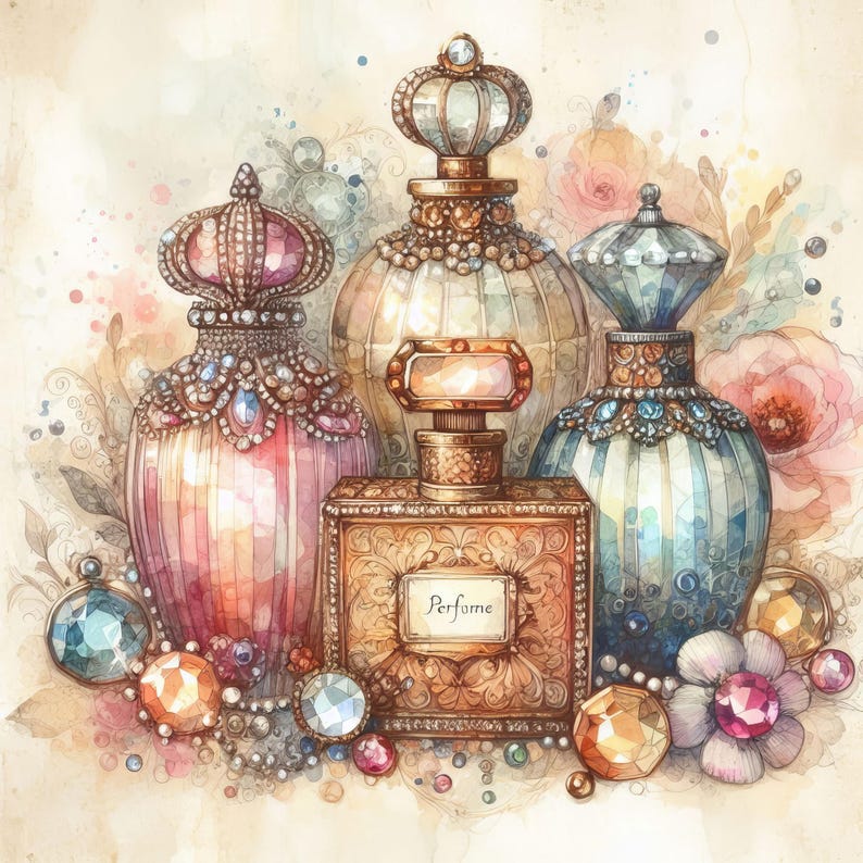 May include: Four ornate glass perfume bottles with gold accents and jeweled stoppers. The bottles are arranged on a light brown background with floral accents. The bottles are decorated with intricate designs and the word "Perfume" is written on one of the bottles.