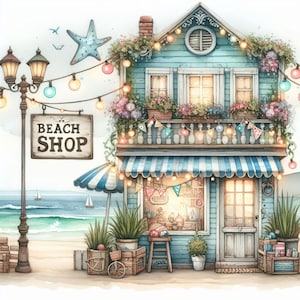 Sklep plażowy 10 wysokiej rozdzielczości akwarelowych JPG Dziennik śmieciowy, scrapbooking, tworzenie kartek, pobieranie cyfrowe, fantazja, kapryśny