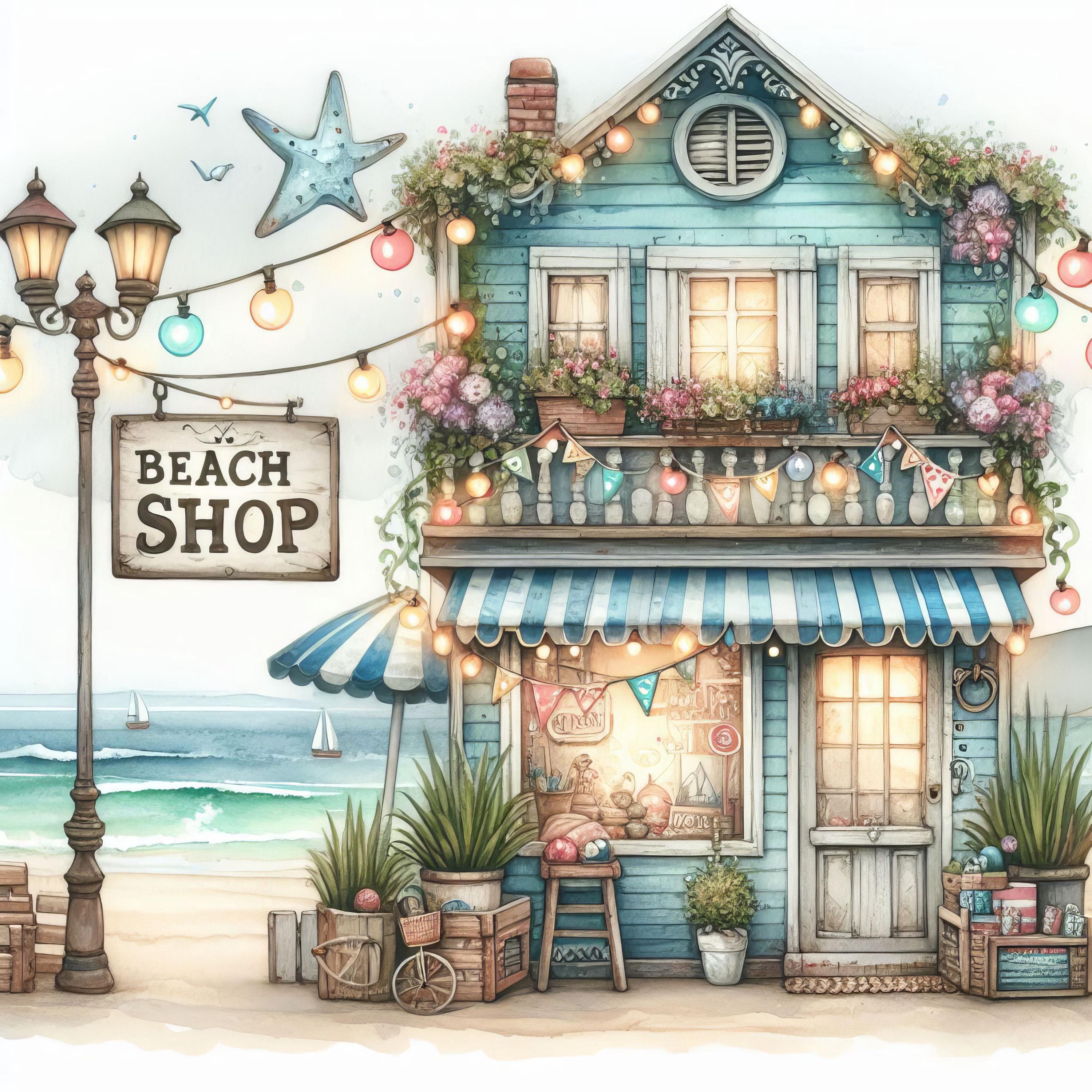 Beach Shop 10 High Res Watercolor JPGs Junk Journaling, Scrapbooking, Card Making, Digital Download, Fantasy, Whimsical
