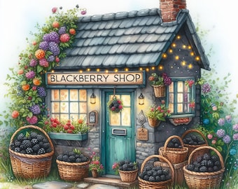Blackberry Shop: 10 High Res Watercolor JPGs, Junk Journaling, Scrapbooking, Card Making, Digital Art, Fantasy, Whimsical