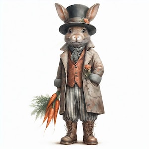 May include: A whimsical illustration of a rabbit dressed in a vintage outfit, including a top hat, coat, vest, and striped pants. The rabbit holds a bouquet of carrots and a rose, with a neutral background. The rabbit is wearing brown boots.