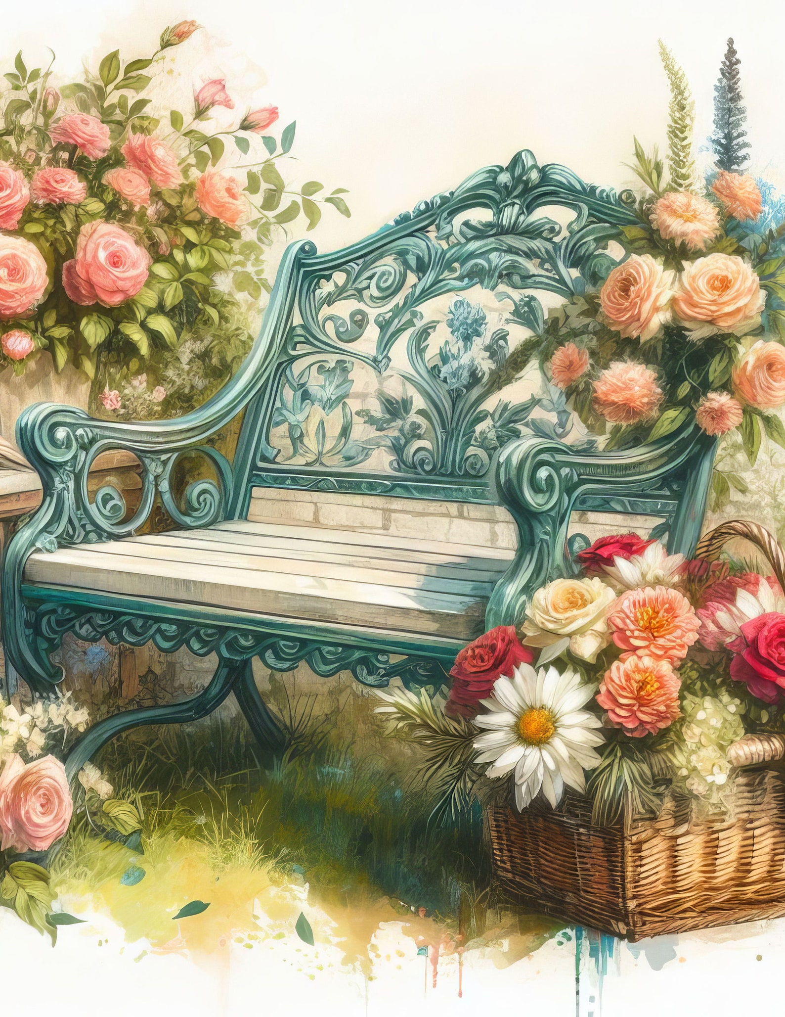 Garden Bench: 10 High Res Watercolor Jpgs, Junk Journaling, Scrapbook ...
