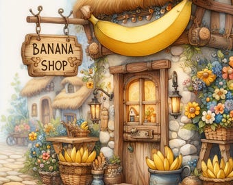 Banana Shop: 10 High Res Watercolor JPGs, Junk Journaling, Scrapbooking, Card Making, Digital Art, Fantasy, Whimsical