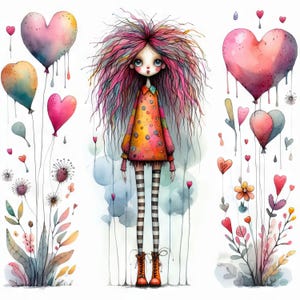 Clipart ballons coeur original 10 haute résolution JPG aquarelles, journalisation indésirable, fabrication de cartes, Saint-Valentin, téléchargement numérique, fantaisiste