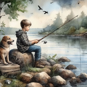Puede incluir: Un ni&ntilde;o peque&ntilde;o est&aacute; sentado en una roca junto a un lago, pescando con una ca&ntilde;a de pescar. Lleva una camisa a cuadros y pantalones vaqueros azules. Un perro marr&oacute;n y blanco est&aacute; sentado a su lado. El lago est&aacute; rodeado de &aacute;rboles y rocas.