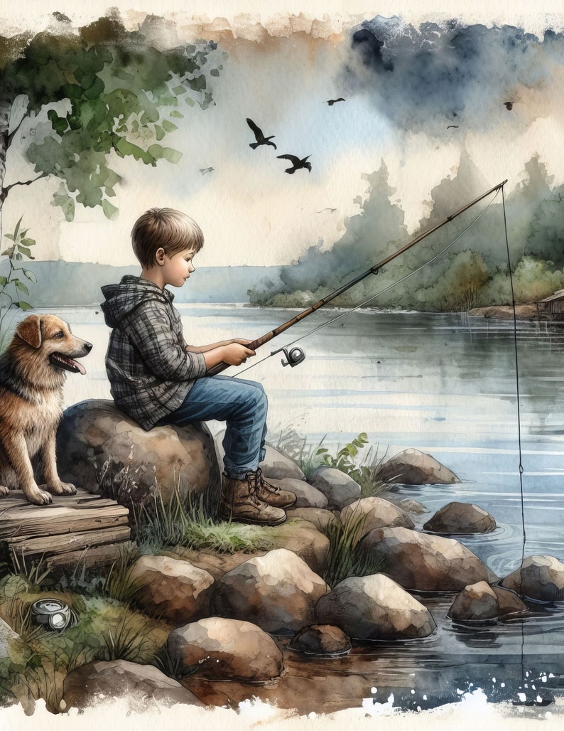 Puede incluir: Un ni&ntilde;o peque&ntilde;o est&aacute; sentado en una roca junto a un lago, pescando con una ca&ntilde;a de pescar. Lleva una camisa a cuadros y pantalones vaqueros azules. Un perro marr&oacute;n y blanco est&aacute; sentado a su lado. El lago est&aacute; rodeado de &aacute;rboles y rocas.