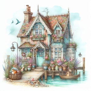 Cottage lunatique au bord de la mer Clip Art 10 fichiers JPG aquarelle haute résolution pour la journalisation indésirable, le scrapbooking, la fabrication de cartes, le téléchargement numérique, la fantaisie