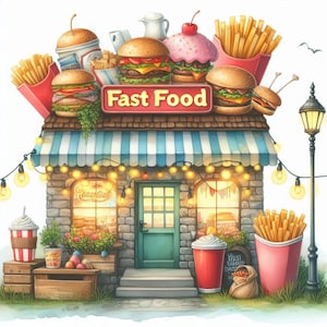 Fastfood 10 high-res aquarel jpg's ongewenste journaling, scrapbooking, kaarten maken, digitale downloadkit, fantasie, grillig