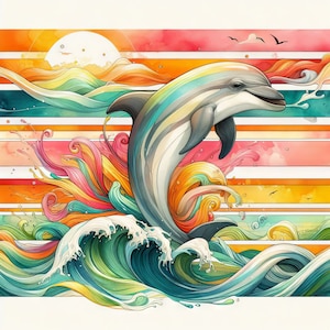 Miami Delphin Clip Art 10 hochauflösende JPGs in Aquarellfarben für Junk Journaling, Scrapbooking, Kartenherstellung, Digital Download Kit