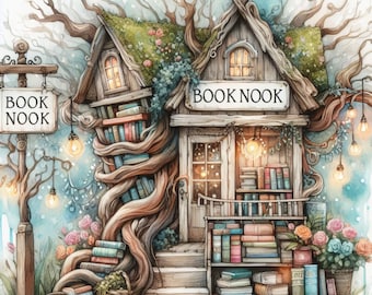 Book Nook Shop Clip Art 10 High Res Watercolor JPGs Junk Journaling, Scrapbooking, Card Making, Digital Art, Fantasy, Whimsical