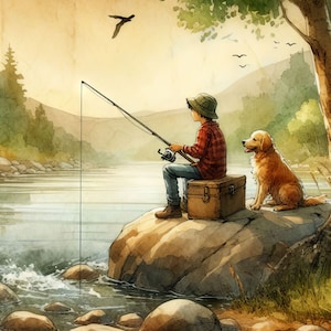Puede incluir: Una pintura de acuarela de una persona joven pescando con un perro a su lado. La persona lleva una camisa de cuadros rojos y negros y un sombrero. El perro es un golden retriever. La escena est&aacute; ambientada en un r&iacute;o con una cordillera en el fondo.