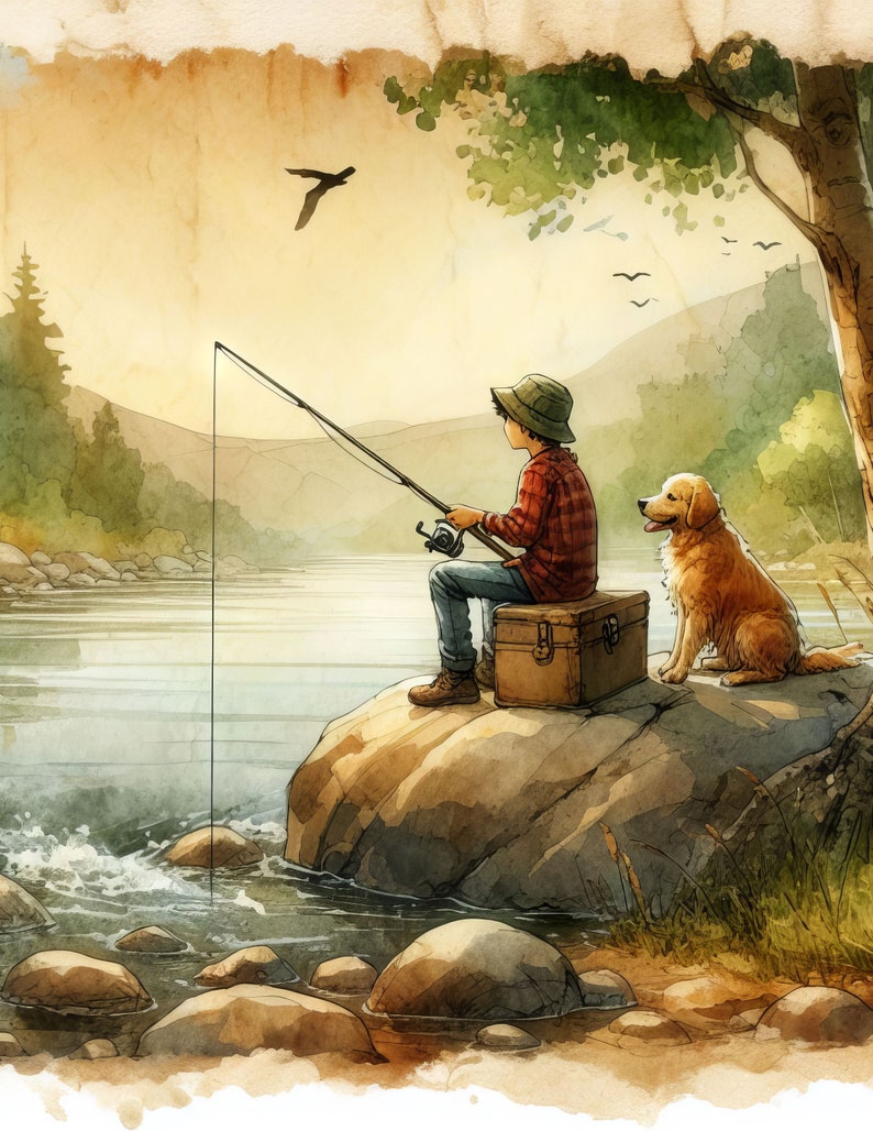 Puede incluir: Una pintura de acuarela de una persona joven pescando con un perro a su lado. La persona lleva una camisa de cuadros rojos y negros y un sombrero. El perro es un golden retriever. La escena est&aacute; ambientada en un r&iacute;o con una cordillera en el fondo.