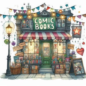 Boutique de bandes dessinées 10 fichiers JPG aquarelles haute résolution Journalisation des indésirables, scrapbooking, fabrication de cartes, kit de téléchargement numérique, fantastique, fantaisiste