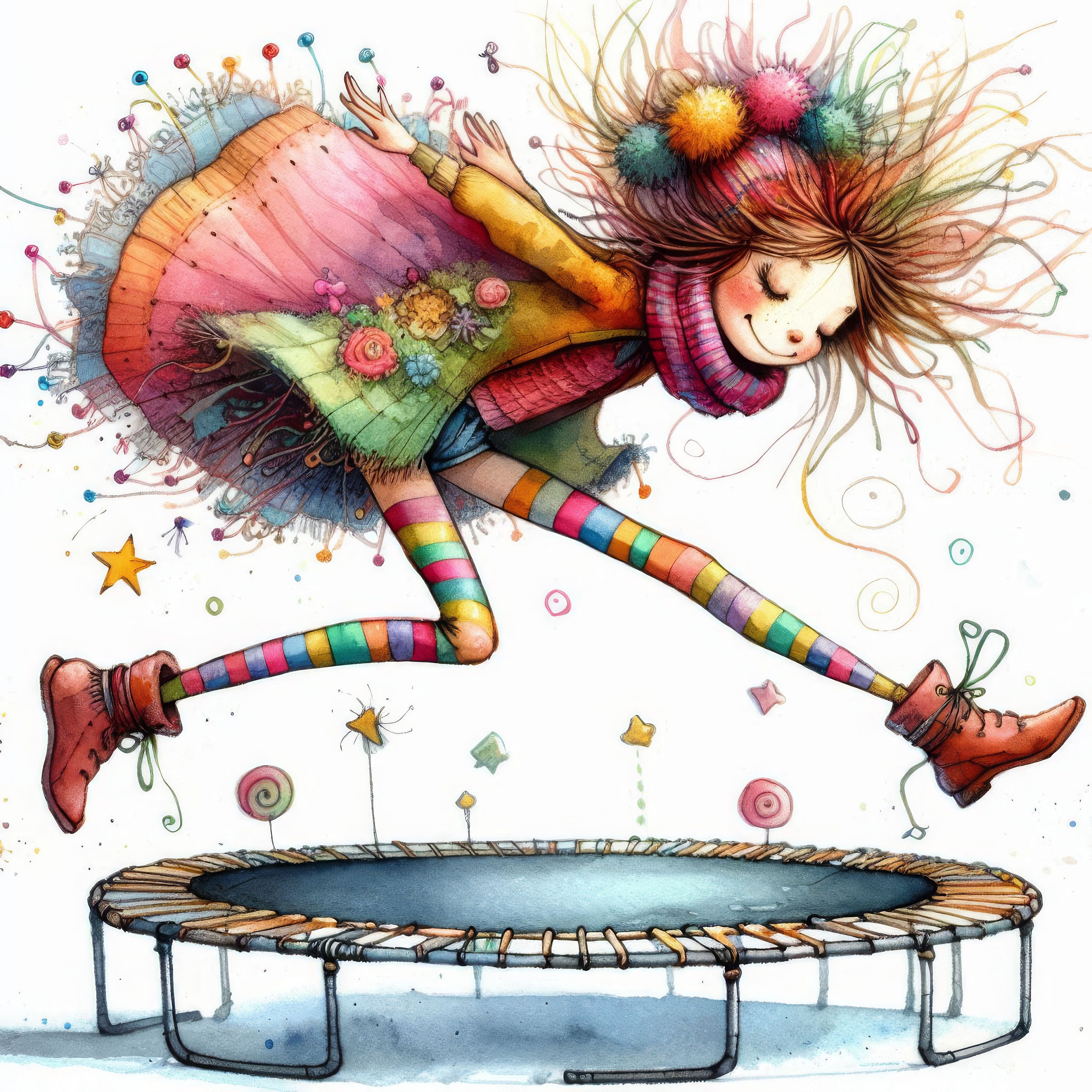 Quirky Trampoline: Clip Art, 10 High Res Watercolor Jpgs, Junk