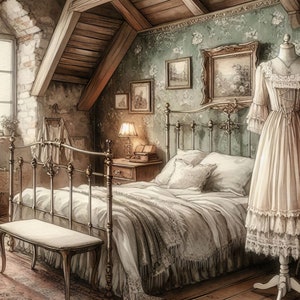 Kit de clip de chambre à coucher mansardée chic et minable 10 fichiers JPG aquarelle haute résolution, journal indésirable, scrapbooking, travaux manuels, téléchargement numérique, fantaisie