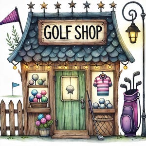 Golfshop 10 high-res aquarel jpg's ongewenste journaling, scrapbooking, kaarten maken, digitale downloadkit, fantasie, grillig