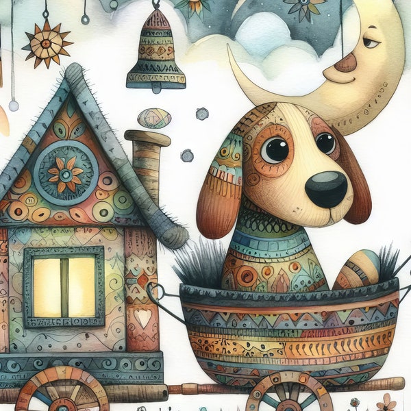 Whimsical Dog: Clip Art, 10 High Res Watercolor JPGs, Junk Journaling, Scrapbooking, Paper Crafts, Digital Art, Fantasy