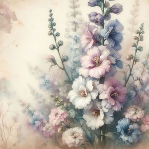 Puede incluir: Una pintura de acuarela de un ramo de delicadas flores rosas, blancas y azules. Las flores están dispuestas en un estilo suelto y natural, y el fondo es de un color crema suave y descolorido.