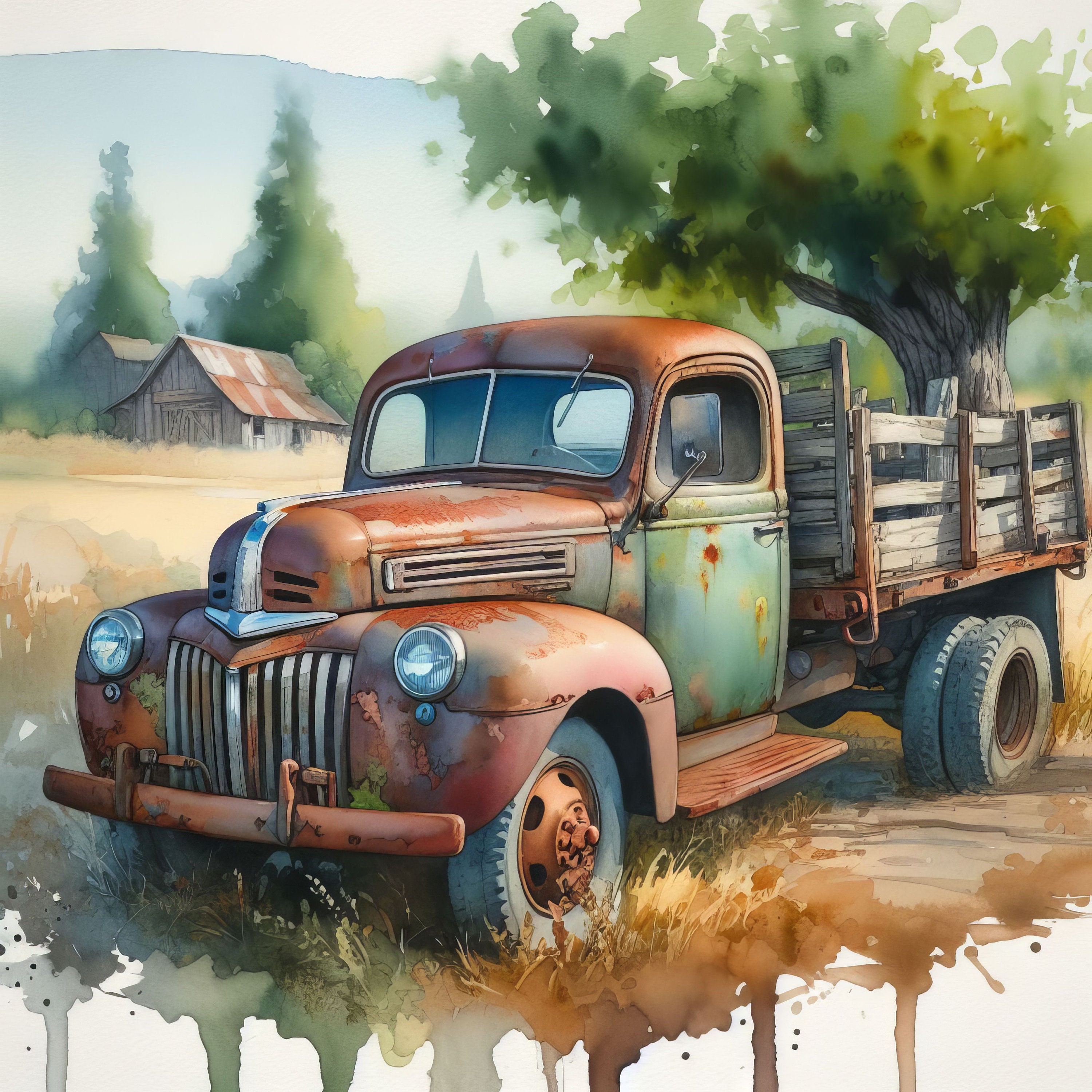 Old farm truck clip art 10 high res watercolor jpgs for junk journaling