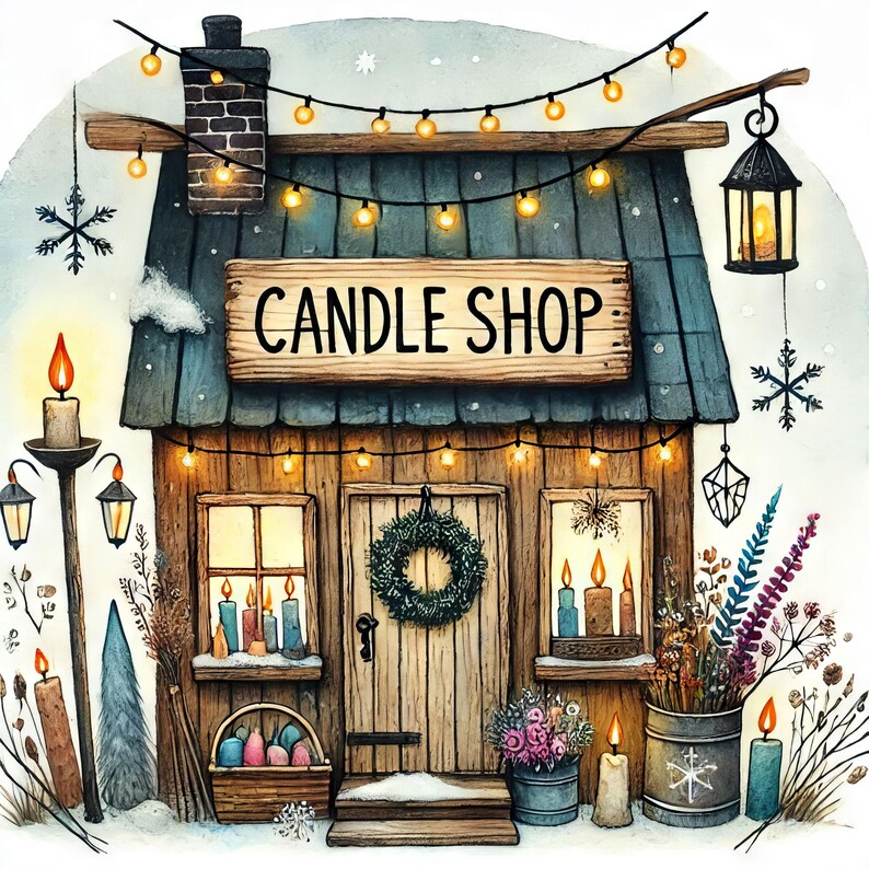 May include: A quaint, wooden candle shop with a sign that reads "CANDLE SHOP". The shop has a door with a wreath and windows with candles inside. There are lights strung across the front of the shop and a lantern hanging from the roof.