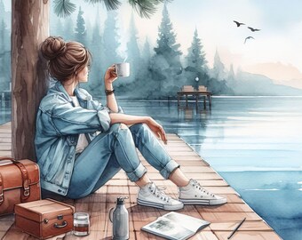 Coffee on the Dock Clipart Bundle 10 High Res Watercolor JPGs for Junk Journaling, Scrapbook, Crafts, Digital Art