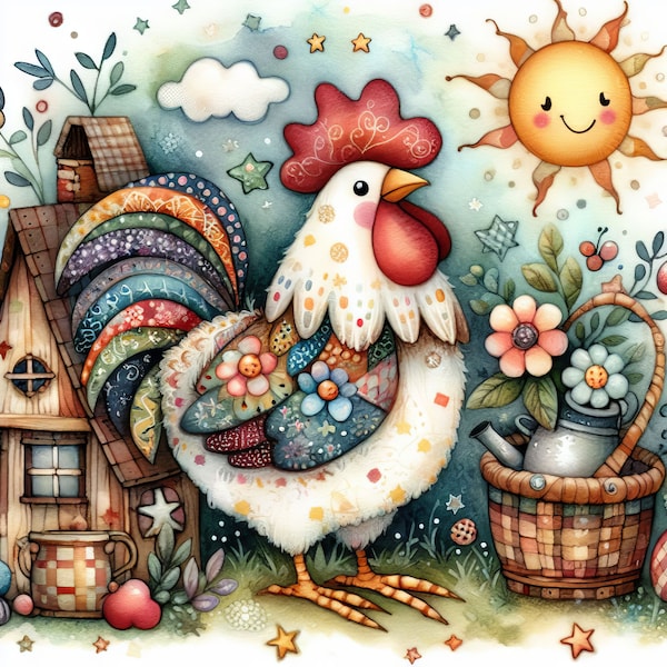 Calico Rooster Clip Art 10 High Res Watercolor JPGs for Junk Journaling, Scrapbooking, Card Making, Digital Art