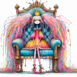 Eigenzinnige prinses Clip Art 10 high-res aquarel JPGs ongewenste journaling, scrapbooking, kaarten maken, digitale downloadkit, fantasie, grillig