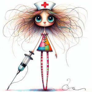 Quirky Nurse Clip Art 10 High Res Watercolor JPGs for Junk Journaling, Scrapbooking, Card Making, Digital Download Kit, Fantasy, Whimsical
