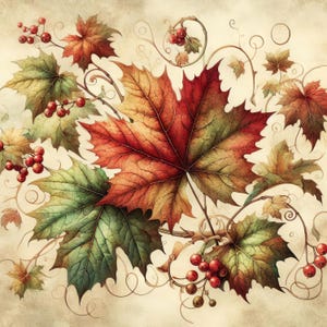 May include: A vintage-style illustration of autumn leaves in shades of red, orange, green, and brown. The leaves are arranged in a cluster with delicate vines and berries.