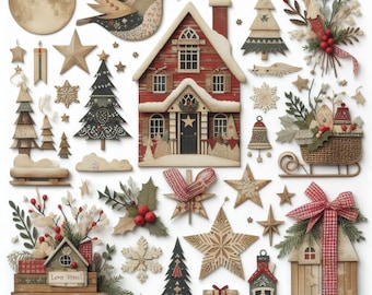 100+ Fussy Cut Primitive Christmas Images High Res Watercolor JPGs for Junk Journaling, Scrapbooking, Card Making, Digital Download Kit
