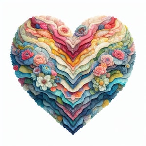 Puede incluir: Un diseño colorido en forma de corazón hecho de tela en capas con flores y hojas en tonos de rosa, azul, amarillo, verde y naranja.
