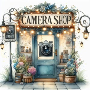 May include: A watercolor illustration of a camera shop storefront with a blue door and a sign that reads "CAMERA SHOP". The shop is decorated with flowers and string lights. A vintage camera is displayed in the window.