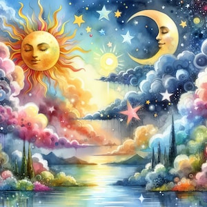 Fantasy Sonne Mond Sterne Clip Art 10 hochauflösende JPGs in Aquarellfarben, Junk Journaling, Scrapbooking, Kartenherstellung, digitaler Download, Magie wunderlich