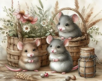 Cute Mice Family: Clip Art, 10 High Res Watercolor JPGs, Junk Journaling, Scrapbooking, Card Making, Digital Art