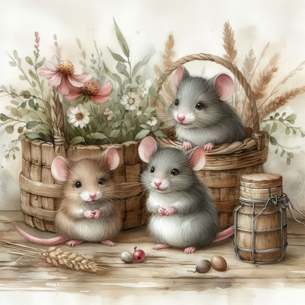 Cute Mice Family Clip Art 10 High Res Watercolor JPGs for Junk Journaling, Scrapbooking, Card Making, Digital Download Kit