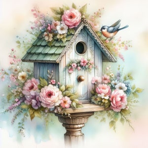 Pacote de clipes de papel para casa de passarinho extravagante 10 JPGs de aquarela de alta resolução Diário de lixo Artesanato de scrapbook Download digital Criação de cartões Caprichoso