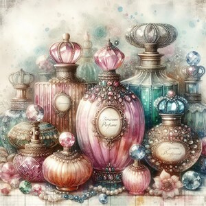 May include: A collection of ornate glass perfume bottles with intricate details and gold accents. The bottles are arranged on a table with a white background. The bottles are filled with colourful liquids and have different shapes and sizes. The bottles are decorated with jewels and other embellishments.