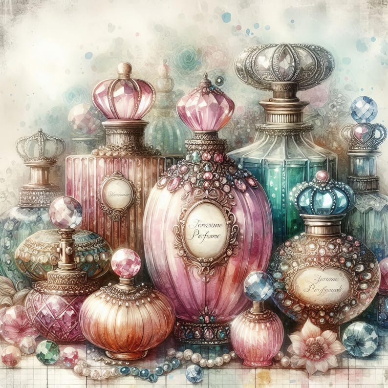 May include: A collection of ornate glass perfume bottles with intricate details and gold accents. The bottles are arranged on a table with a white background. The bottles are filled with colourful liquids and have different shapes and sizes. The bottles are decorated with jewels and other embellishments.